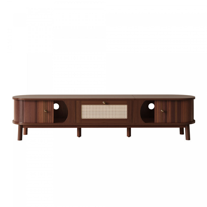 Rustic 67 Inch TV Cabinet with Rattan Sliding Doors and Drawers, Wood