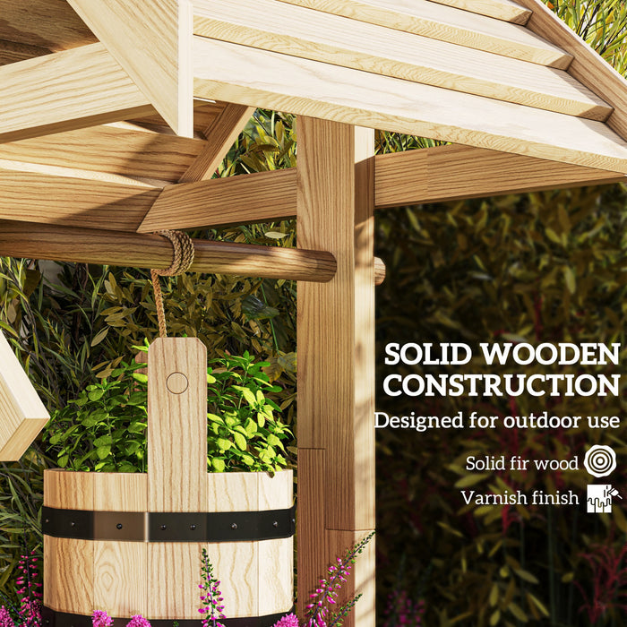 Outsunny Wishing Well Outdoor Wooden Planter with Hanging Bucket, Natural