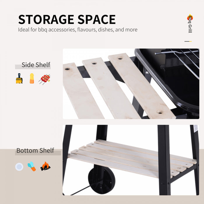 Outsunny Charcoal BBQ Grill with Storage Shelves and Wheels, Portable Barbecue Trolley with Adjustable Cooking Grate & Wind Shield for Outdoor Cooking
