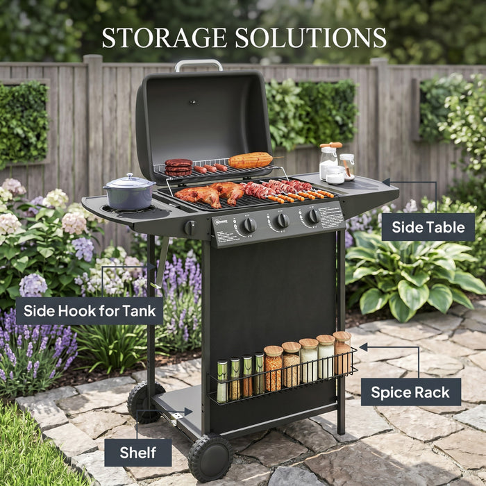 Outsunny 3+1 Burner Propane Gas BBQ Grill with Thermometer, Portable Gas Barbecue Grill, Side Burner, Lid, Side Table, Shelf, Spice Rack, Wheels, Grease Cup for Garden, Black