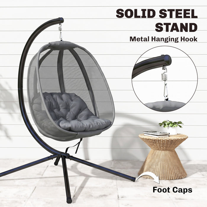 Outsunny Hanging Egg Chair with Stand and Folding Basket, Grey