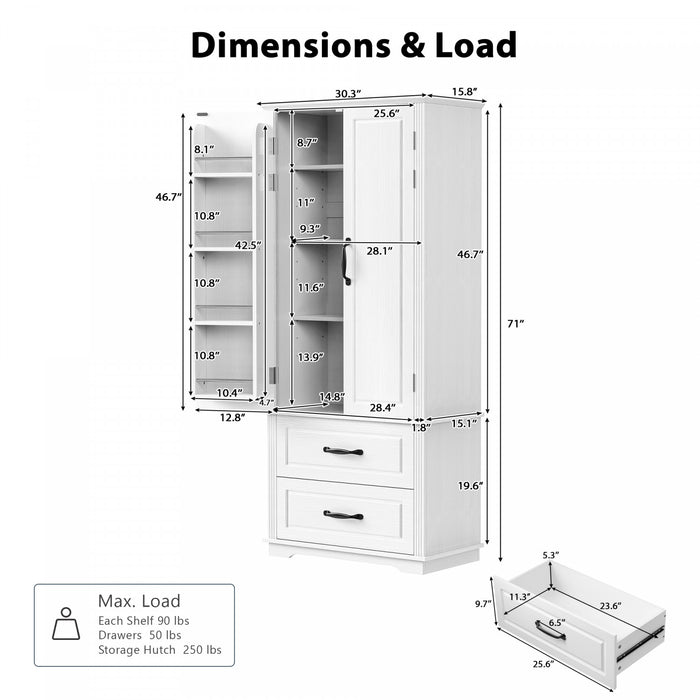 Angela 71\" Adjustable Shelves Pantry Cabinet With 2 Drawers - White