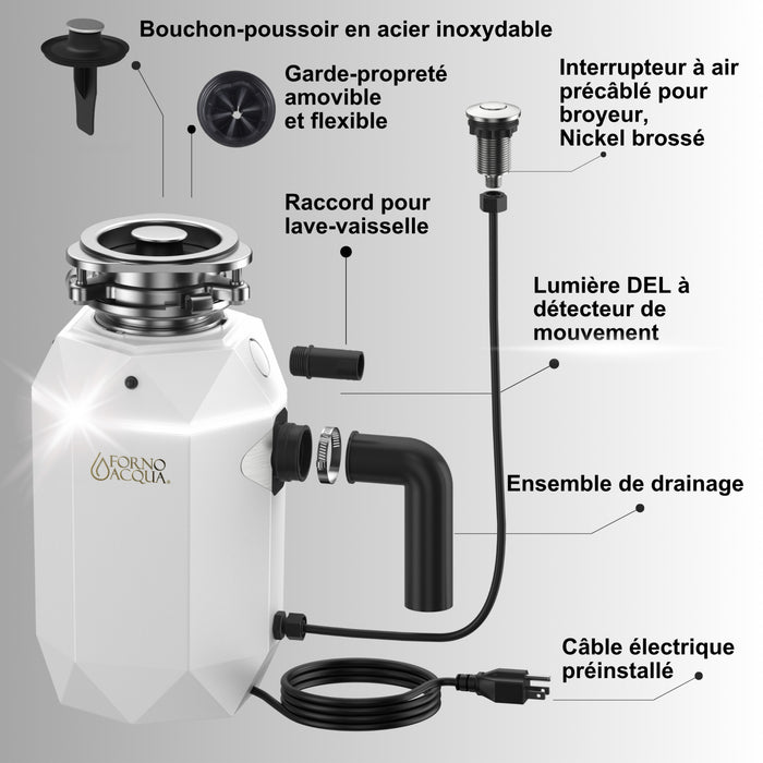 BrightDIAMOND 3/4HP Quietest Waste Disposer, LED Cabinet Light, Corded & Air Switch, MoonStone - WDD075TA2MS Food Disposer