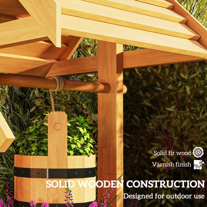 Outsunny Wishing Well Outdoor Wooden Planter with Hanging Bucket, Orange