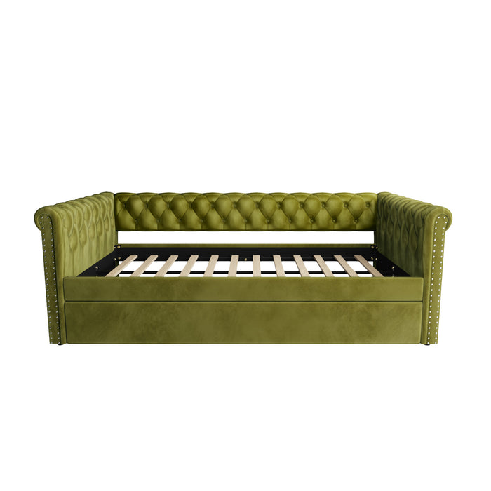 Sophia Tufted Design Upholstered Daybed with Trundle and Comfortable Backrest,Green