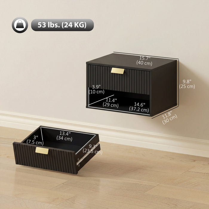 HOMCOM Floating Nightstands Set of 2 with Fluted Drawer Open Shelf Black