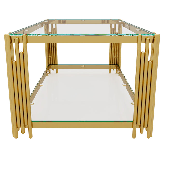 Aria 47.5 Inch Modern Rectangular Coffee Table with Asymmetrical Gold Frame and Glass Top, Transparent