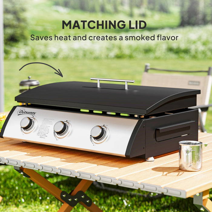 Outsunny Propane Gas Grill with 3 Main Burners, 8530 BTU Outdoor BBQ Grill Cart with Non-Stick Griddle and Lid for Camping Picnic Garden Party Festival, Black