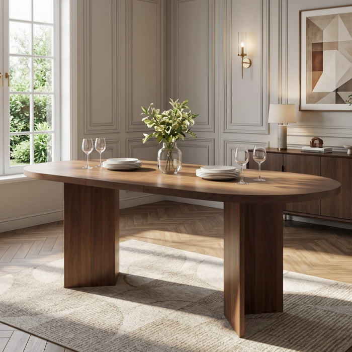 Ovalux 79 Inch Modern Oval Dining Table with Dual Pedestal Base and Wood Finish, Walnut