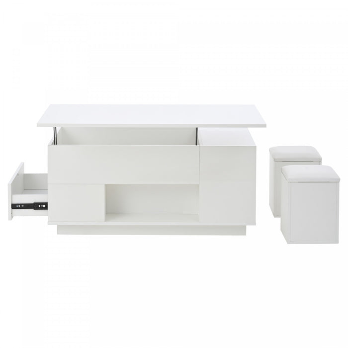 Flexi 39.3 Inch 4-in-1 Lift-Top Coffee Table with LED Lights, Dual Drawers and Storage Ottomans, White