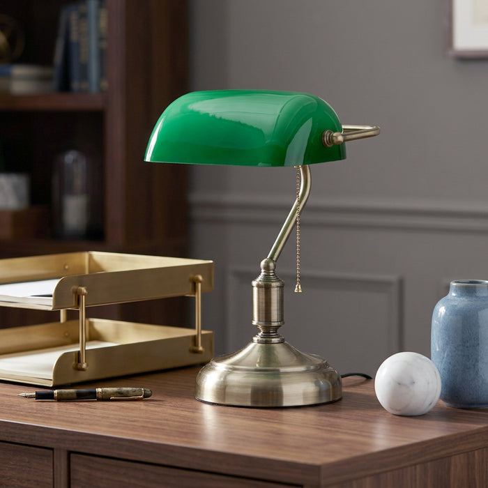 Roosevelt Executive Banker's Desk Lamp with Glass Shade, Apple Green, 15\"H