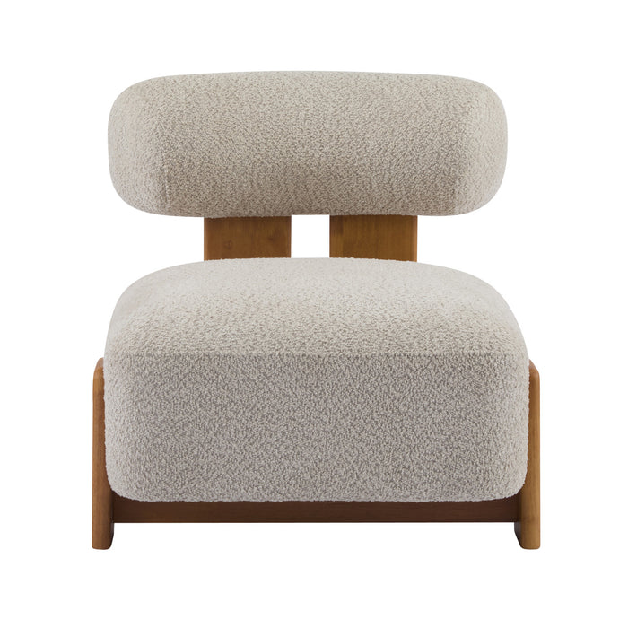 Luma Modern Boucle Lounge Chair with Rolled Backrest and Solid Wood Frame, Almond, Natural
