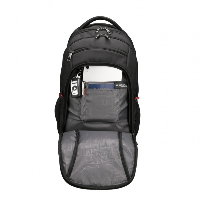 Swissdigital Sursee School Backpack – 17\" Laptop Bag, SDD Finder, Add-A-Bag System, Reflective Trim, Breathable Mesh, Travel-Ready