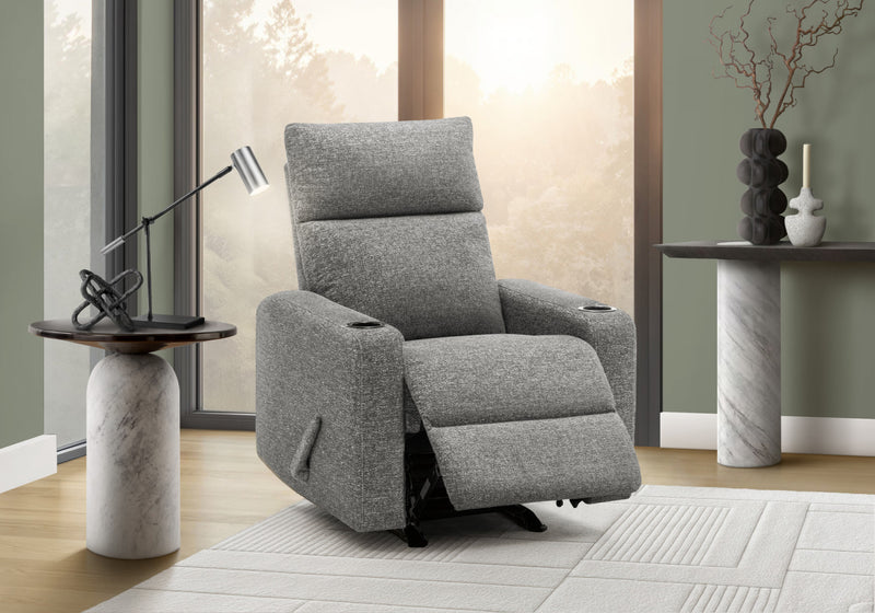 MONARCH SPECIALTIES 30\" WIDE UPHOLSTERED RECLINING CHAIR, MANUAL ROCKER, CUP HOLDERS, DARK GREY FABRIC RECLINER