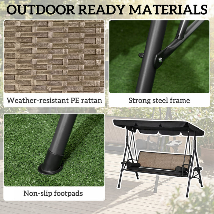 Outsunny 3-Seat Porch Swing with Canopy Outdoor Swing Chair w/ Rattan Seat