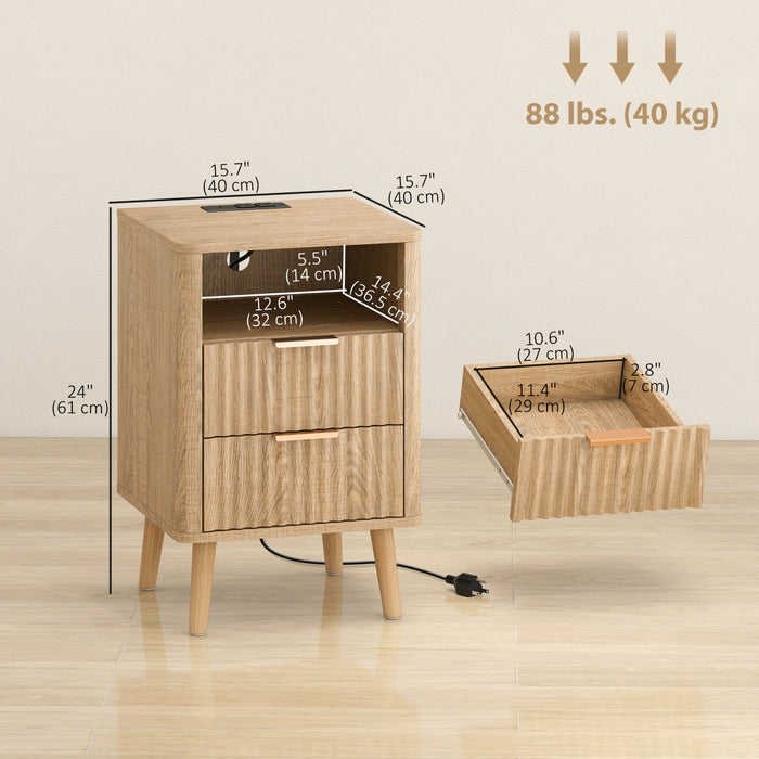 HOMCOM Nightstands Set of 2, Bedside Tables with Charging Station, Oak