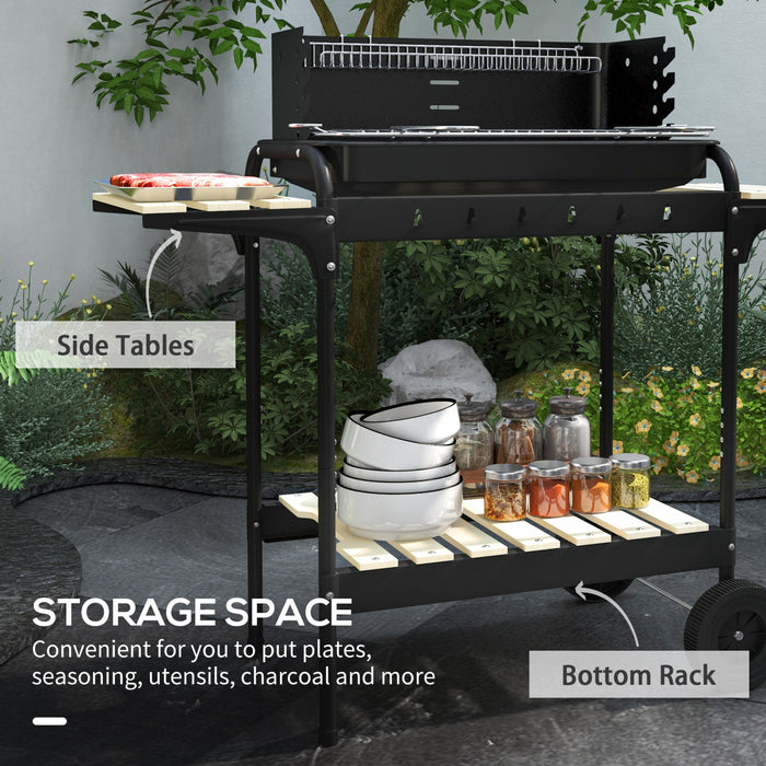 Outsunny Portable Outdoor Charcoal BBQ Grill with Adjustable Grill Height, Barbecue Trolley with Ash Catcher and Wheels for Outdoor Garden Party Cooking, Black
