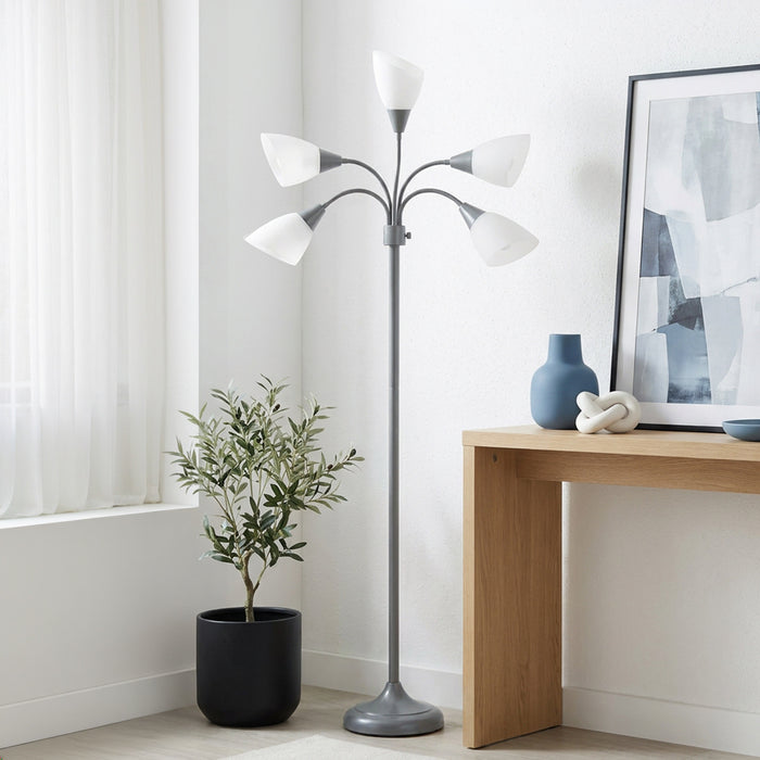 Skye 5 Light Adjustable Gooseneck Floor Lamp, Silver & White, 67\"H