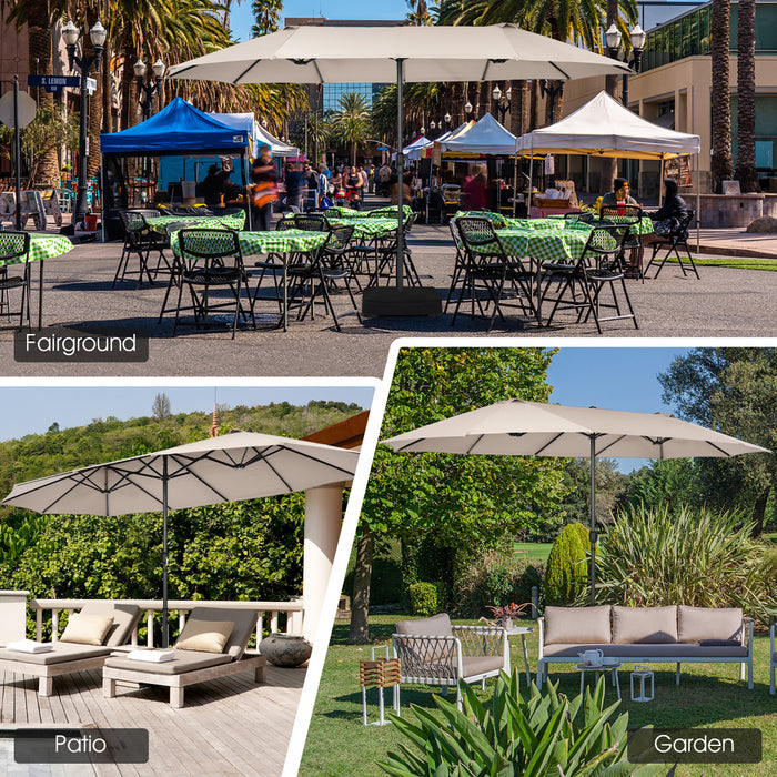 Costway 15FT Double-Sided Twin Patio Umbrella Sun Shade Outdoor Crank Market Base Beige