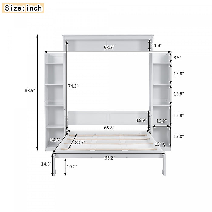 Aiden Murphy Bed with Shelves and LED Lights,Queen Size,White Queen Bed