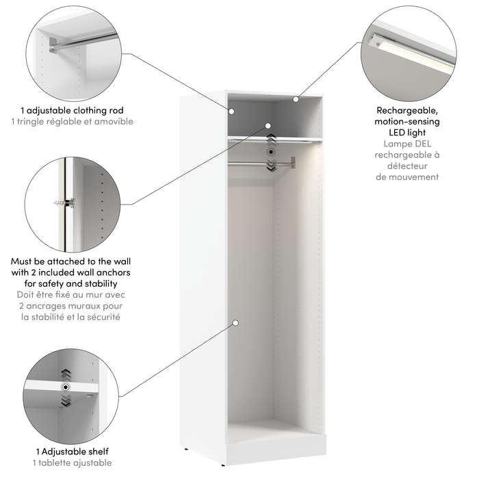 Bestar Florence 25\" Modular Hanging Closet System with LED Light and Shelf - White