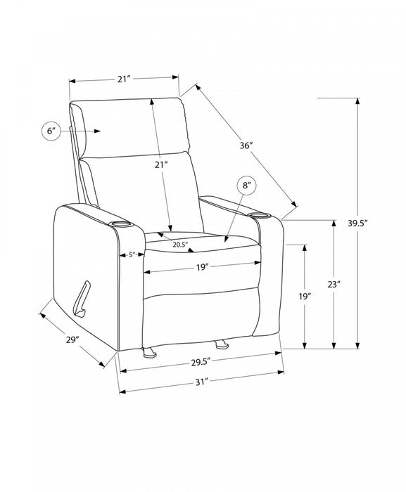 MONARCH SPECIALTIES 30\" WIDE UPHOLSTERED RECLINING CHAIR, MANUAL ROCKER, CUP HOLDERS, DARK GREY FABRIC RECLINER