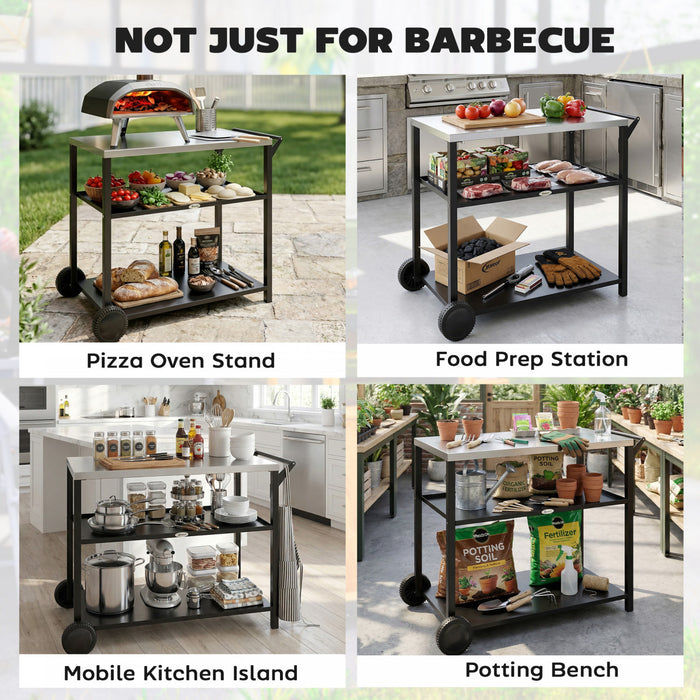 Outsunny Outdoor Grill Cart with Stainless Steel Tabletop for Food Prep, 3-Tier BBQ Stand, Pizza Oven Stand, Movable Food Prep Table and BBQ Cart on Wheels, Black