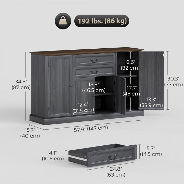 HOMCOM 58\" Farmhouse Sideboard Buffet Cabinet with Charging Station Black