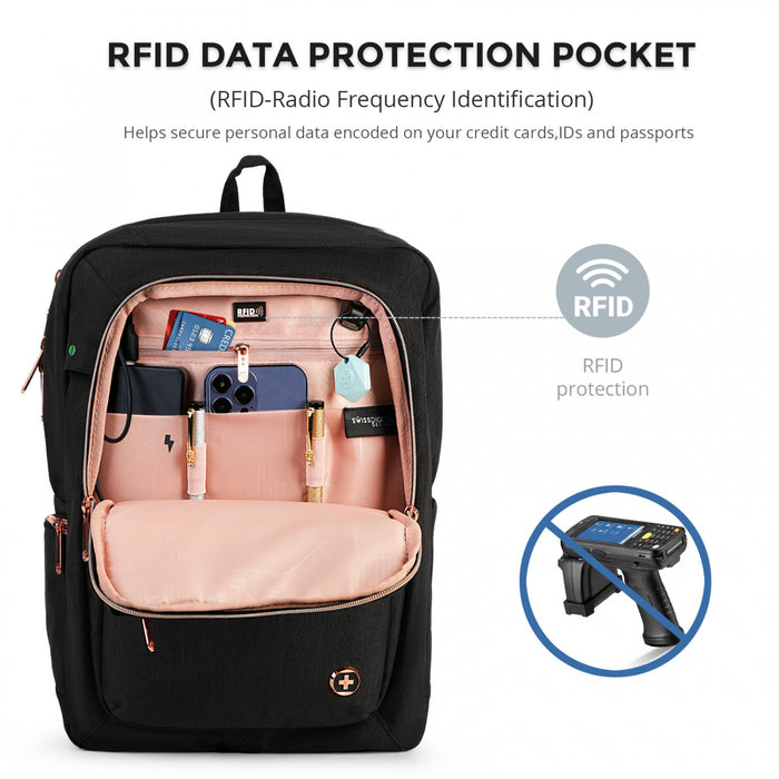 Swissdigital Design Smart Backpack KATY ROSE - Rucksack with Integrated Charging Port - Black