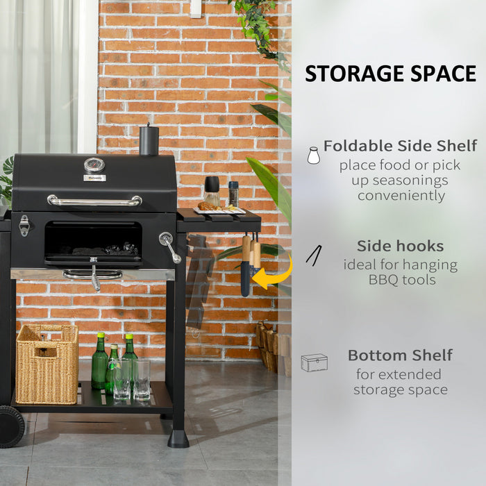 Outsunny Charcoal BBQ Grill Trolley with Adjustable Charcoal Pan, Barbecue Grill Smoker with Storage Shelves, Lid, Thermometer, Bottle Opener and Wheels, Galvanised Steel