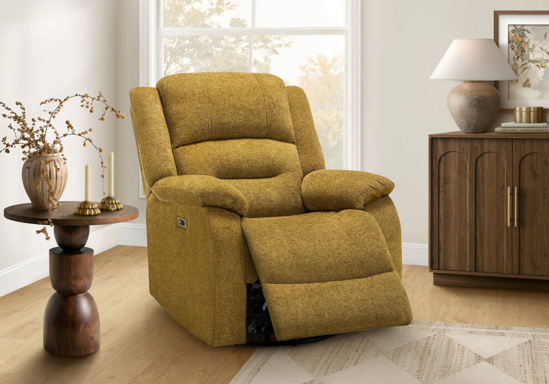 MONARCH SPECIALTIES 34\" WIDE, LARGE UPHOLSTERED POWER RECLINING CHAIR, USB PORTS INCLUDED, GOLD FABRIC, TRANSITIONAL RECLINER