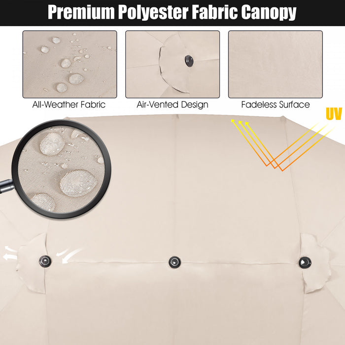 Costway 15FT Double-Sided Twin Patio Umbrella Sun Shade Outdoor Crank Market Base Beige