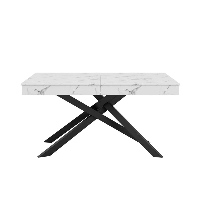 FlexDine 55-71 Inch Rectangular Extendable Dining Table with Cross Legs and Marble Effect Finish, White Marble