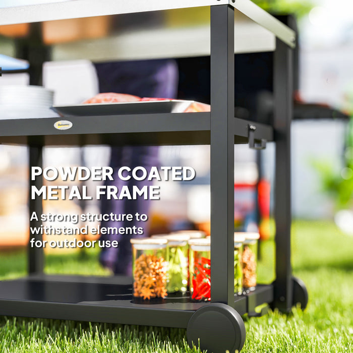 Outsunny 3-Shelf Outdoor Grill Dining Cart Pizza Oven Stand with Stainless Steel Top, Movable BBQ Food Prep Table Outdoor Kitchen Island with Hooks Wheels Handle, Charcoal Grey