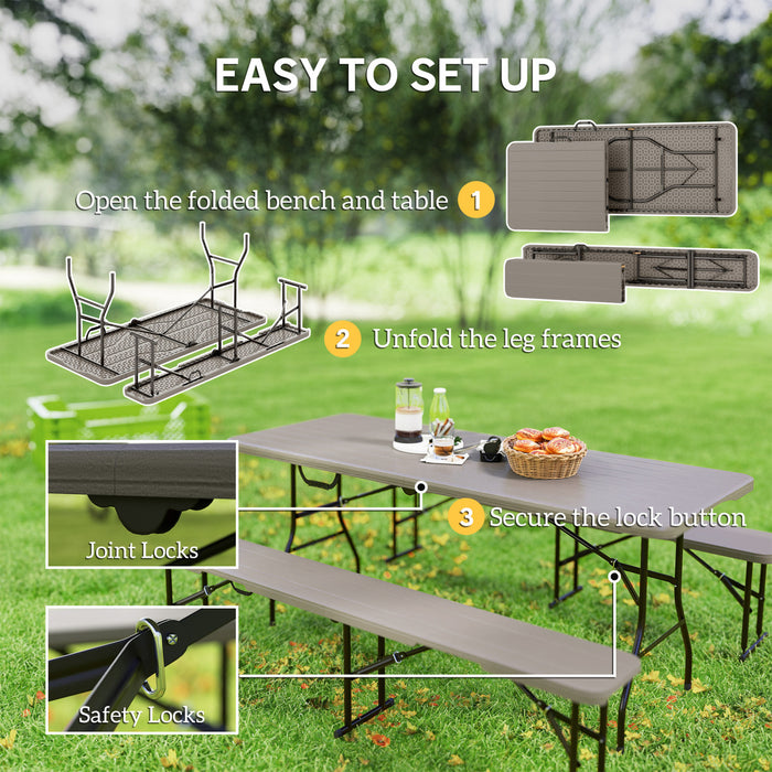 Outsunny 6FT 3-Piece Faux Rattan Folding Picnic Table w/ 2 Benches, Brown