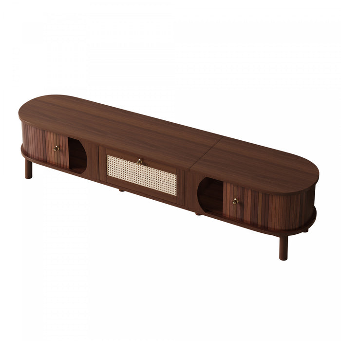 Rustic 67 Inch TV Cabinet with Rattan Sliding Doors and Drawers, Wood