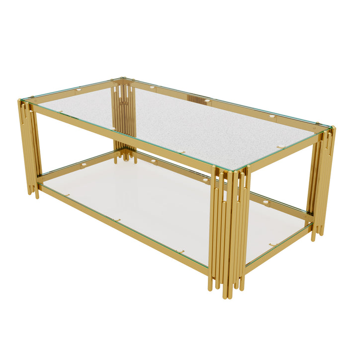 Aria 47.5 Inch Modern Rectangular Coffee Table with Asymmetrical Gold Frame and Glass Top, Transparent