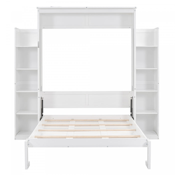 Aiden Murphy Bed with Shelves and LED Lights,Full Size,White Full Bed