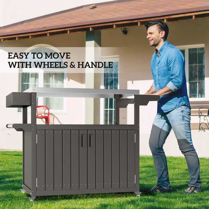 Outsunny Outdoor Bar Cart with Storage Cabinet, Stainless Steel Top Outdoor Kitchen Cabinet with Wheels, HDPE Bar Table Beverage Food Prep Station for Indoor Outdoor, Dark Grey
