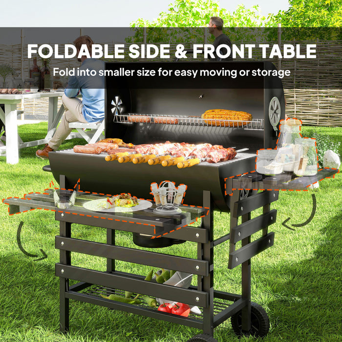 Outsunny 29\" Charcoal BBQ Grill with Foldable Front Side Table, Barbecue Grill with Spacious Cooking Area, Shelf, Lid, Thermometer, Wheels for Outdoor Cooking, Patio Backyard Party