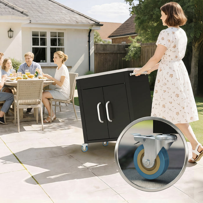 Outsunny Outdoor Grill Cart with Stainless Steel Top, Pizza Oven Table with Cabinet Handles, Hooks and Wheels, Black
