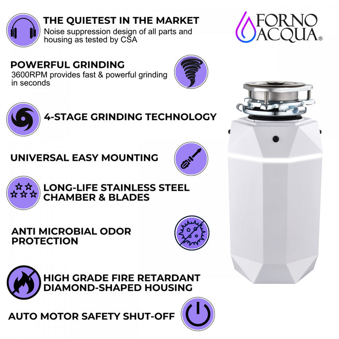 BrightDIAMOND 3/4HP Quietest Waste Disposer, LED Cabinet Light, Corded & Air Switch, MoonStone - WDD075TA2MS Food Disposer