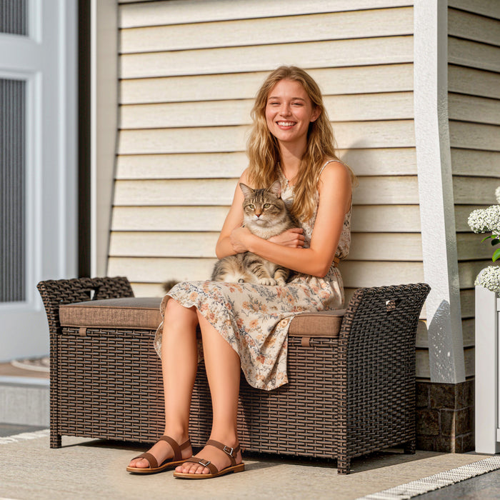 Outsunny 2-In-1 Patio Wicker Storage Bench 29 Gallon Storage Box Tan