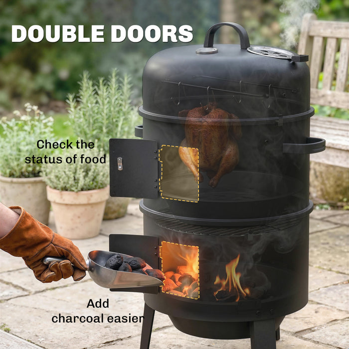 Outsunny 3-in-1 Vertical Charcoal Smoker with 2 Grill Grates, Built-in Thermometer, Adjustable Vent, 2 Doors, Outdoor BBQ Smoker Grill for Camping, Parties, Picnic