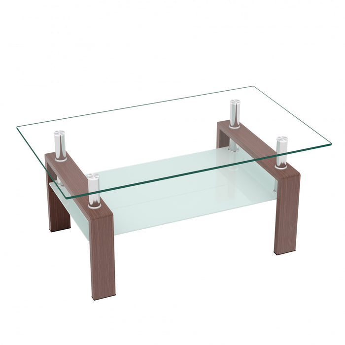 Liam Modern Rectangle Clear Tempered Glass Coffee Table,Walnut