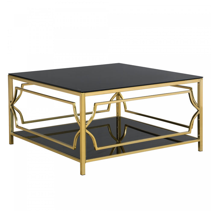 Gleam 33.5 Inch Square Tempered Glass Coffee Table with Geometric Gold Frame and Lower Shelf, Black