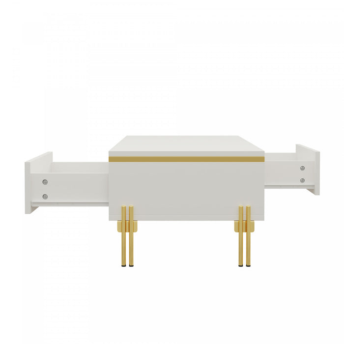 Lustra 39.4 Inch Modern High-Gloss Coffee Table with Dual Drawers and Gold Accents, White