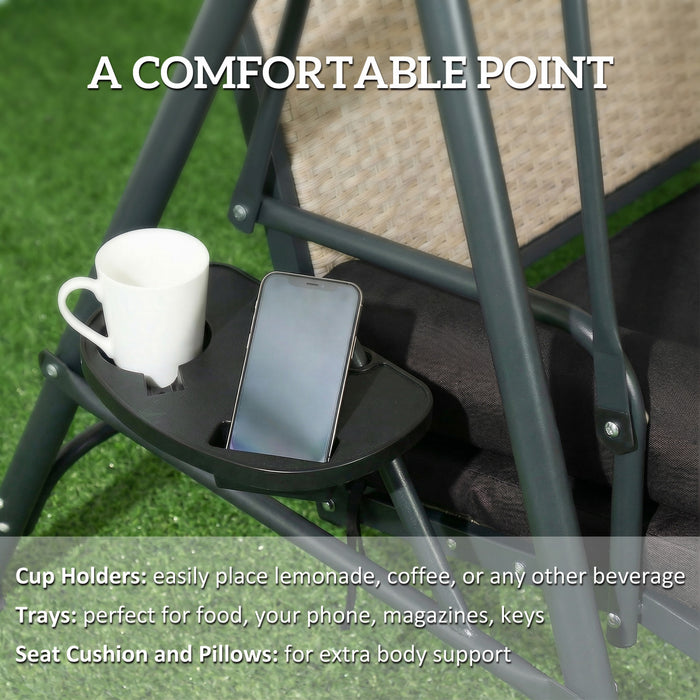 Outsunny 3-Seat Porch Swing with Canopy Outdoor Swing Chair w/ Rattan Seat