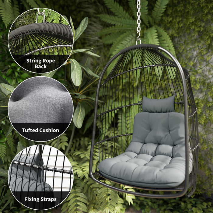 Outsunny Hanging Egg Chair, Foldable Rattan Garden Swing Chair, Dark Grey