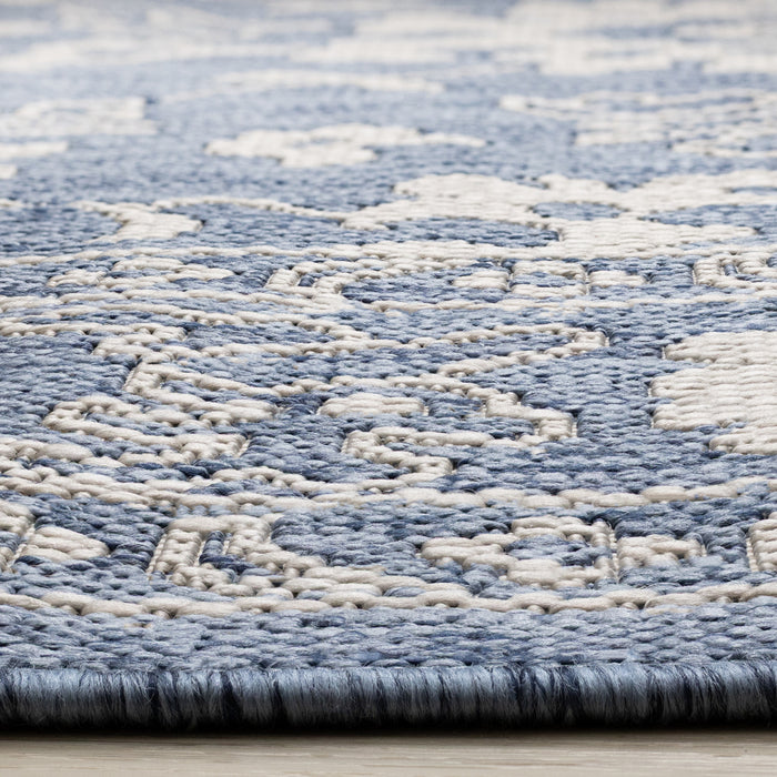 Cabana Blue White Elegant Border Outdoor Rug, 6'7\" x 9'6\" Outdoor Area Rug